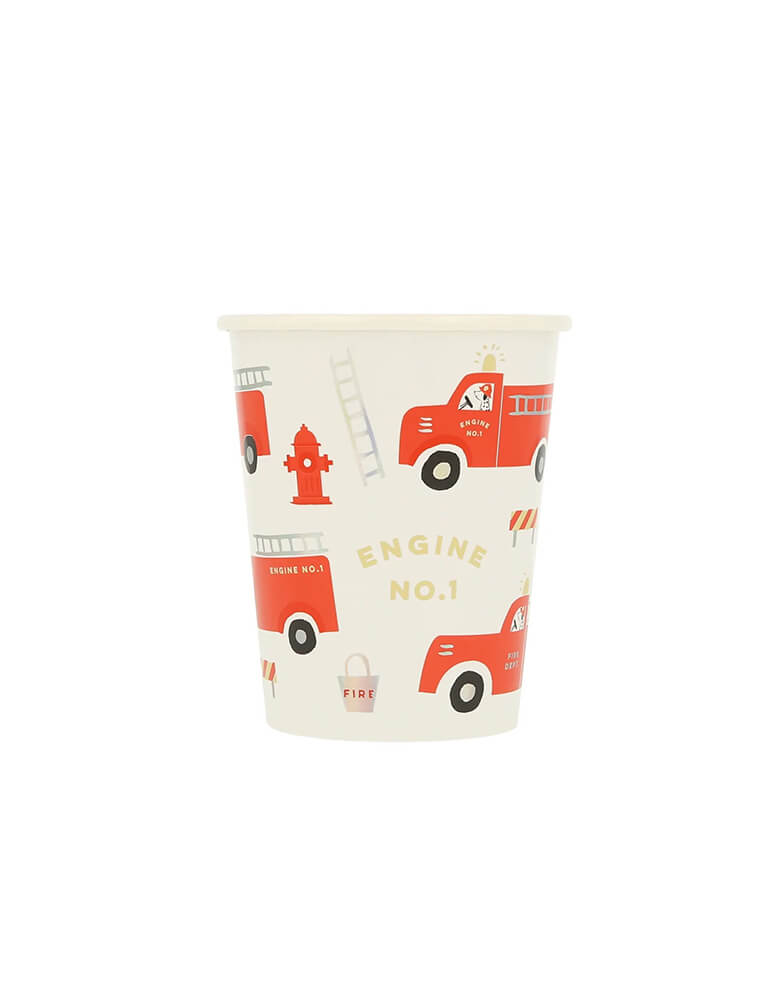 Momo Party's 9 oz Fire Truck Party Cups by Meri Meri, comes in a set of 8 paper cups, these fun cups features adorable illustrations of fire trucks, fire hydrants, firefighter ladders, they're perfect for kid's fire truck or firefighter themed birthday party.