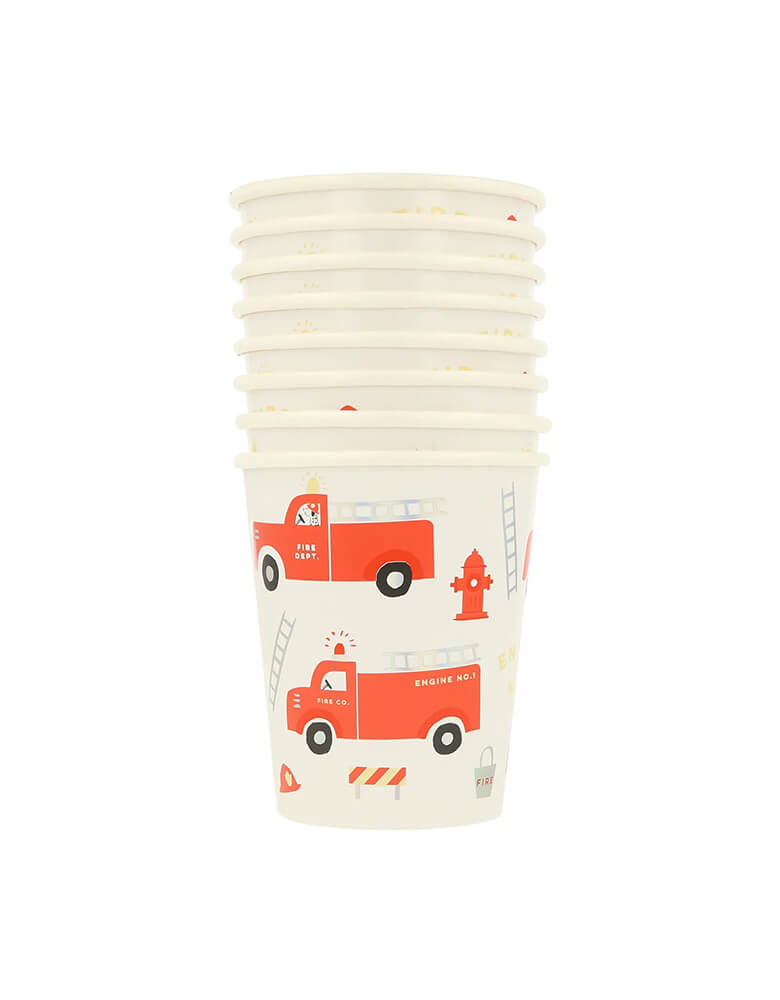 Momo Party's 9 oz Fire Truck Party Cups by Meri Meri, comes in a set of 8 paper cups, these fun cups features adorable illustrations of fire trucks, fire hydrants, firefighter ladders, they're perfect for kid's fire truck or firefighter themed birthday party.