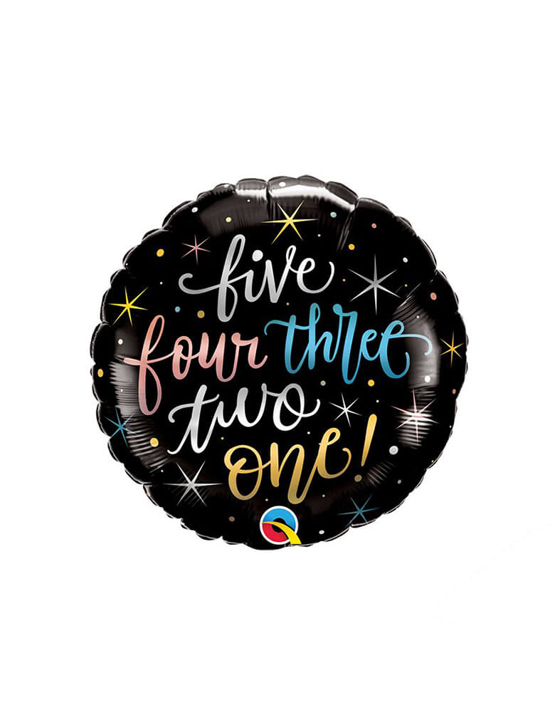Qualatex Balloons - Five Four Three Two One Foil Balloon. Counting down to the New Year with this fantastic 18 inches round foil mylar balloon! Featuring colorful script "five four Three Two One!" text with shining stars in a black foil balloon.
