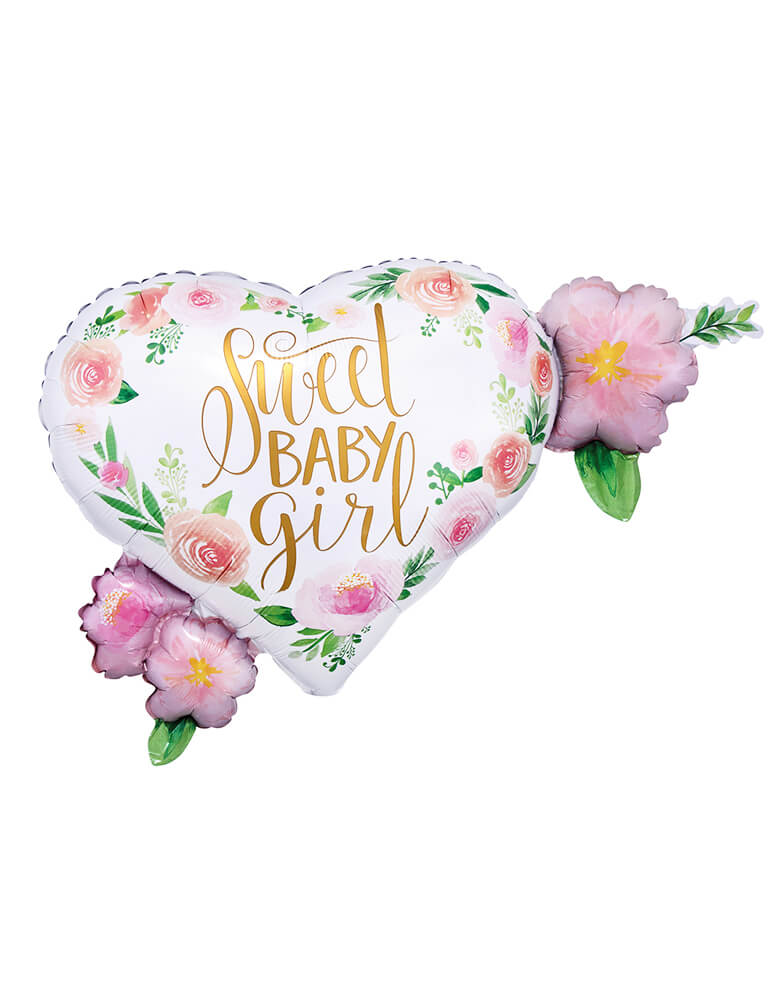 Anagram Balloons - 38514 Floral Baby Girl SuperShape™ XL® P30. This 27 inches gorgeous floral sweet baby girl foil mylar balloon with heart shaped and flower on the side, with lots of modern flora and gold foil of "sweet baby girl" text design. This balloon is perfect for a baby girl shower
