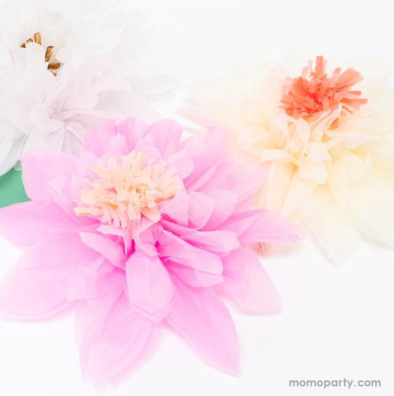 Close up look of Meri Meri Flower Garden Giant Garland. Crafted from pastel color layered tissue paper