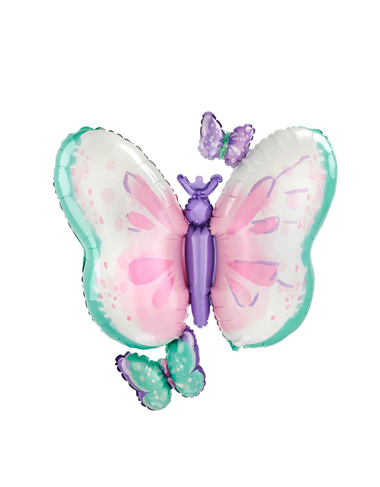 Anagram Balloons - 42887 Flutters Butterfly SuperShape™ P35. This 29 inches Flutters Butterfly Foil Mylar Balloon t's in the shape of a butterfly and has soft pink, teal, and purple color schemes printed in a delicate watercolor style with two smaller butterflies attached.
