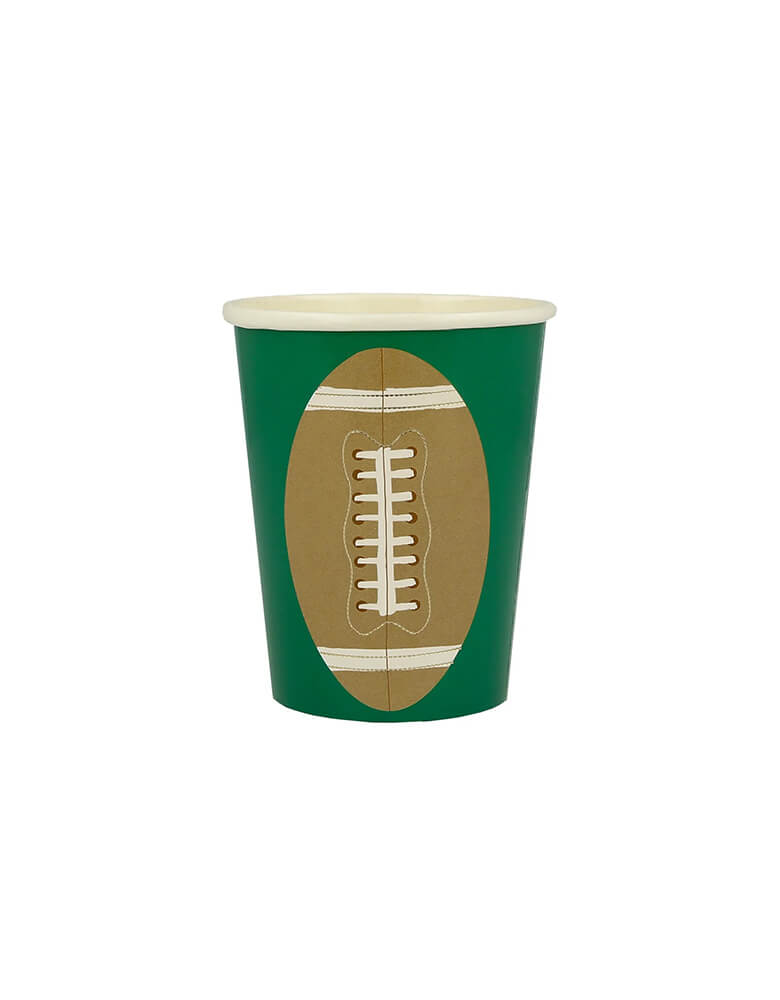 Momo Party's 9oz football cup by Meri Meri, featuring a football illustration on green with gold foil accents, this set of party cups are prefect for kid's football themed  birthday party, a Super Bowl party or a viewing party.