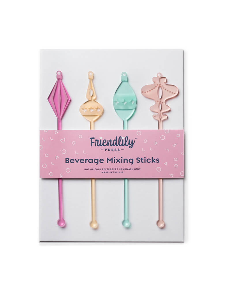 Friendlily Press - Christmas Ornament Drink Stirrer Set. These acrylic stir sticks are reusable and can be used in hot or cold drinks. It includes: Pink Transparent Ornament, Gold Transparent Ornament, Light Green Transparent Ornament, Rose Gold Transparent Ornament. Use it for your holiday table, This cute modern party supplies is perfect for this holiday season
