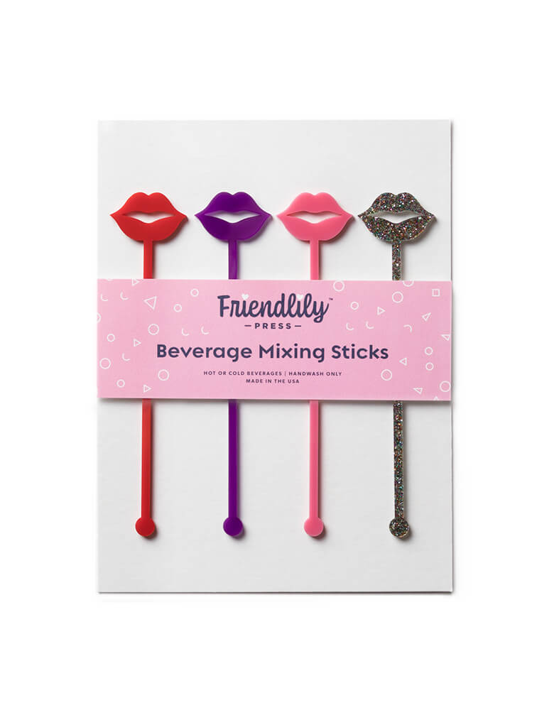 Friendlily Press - Lips Drink Stirrer Set. These acrylic stir sticks are reusable and can be used in hot or cold drinks. It includes: Red Lips, Purple Lips, Pink Lips, Rainbow Glitter Lips. This cute modern party supplies is perfect for Valentine's day party, Galentine's Day celebration, BBF party, sleepover party, bachelor party