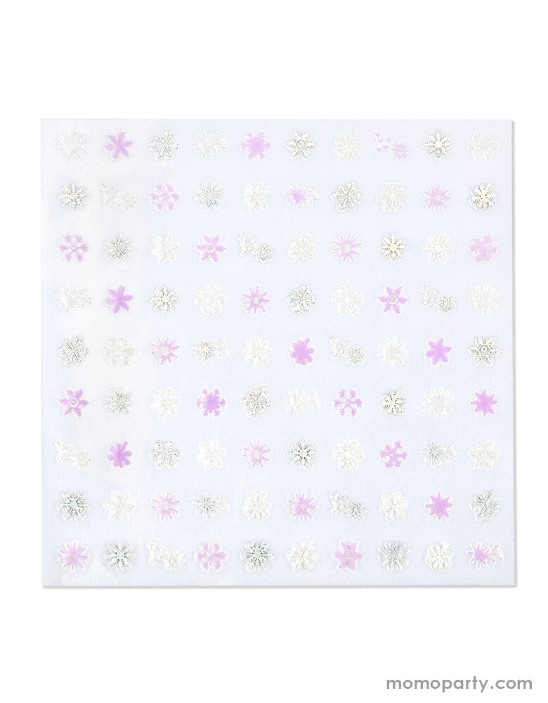 Frosted Nail Stickers sheet from Jollity & Co Party Boutique - Daydream society- Frosted collection. Featuring variety colors of snowflakes in morden illustrations with some iridescent details, These frosted nail stickers are perfect for stocking stuffers and goodie bags, activity for a frozen themed birthday party, winter wonderland party, holiday fun activity for mother daughter time. They'll have your hands looking like a winter wonderland faster than a snowflake melts!