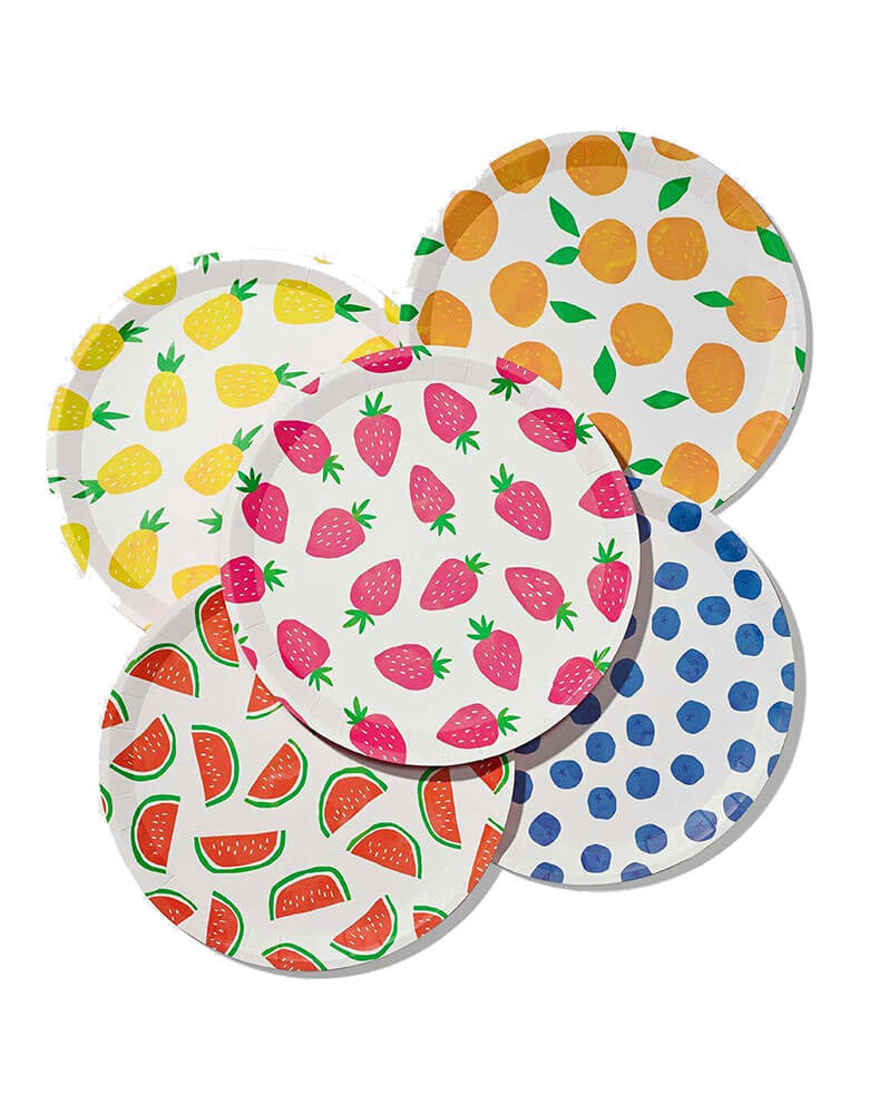 Coterie Party Fruit Punch Large Plates in 9.25 inches featuring illustrations of oranges, strawberries, blueberries, watermelons and pineapples, perfect for a summer backyard bbq and fruit themed celebration