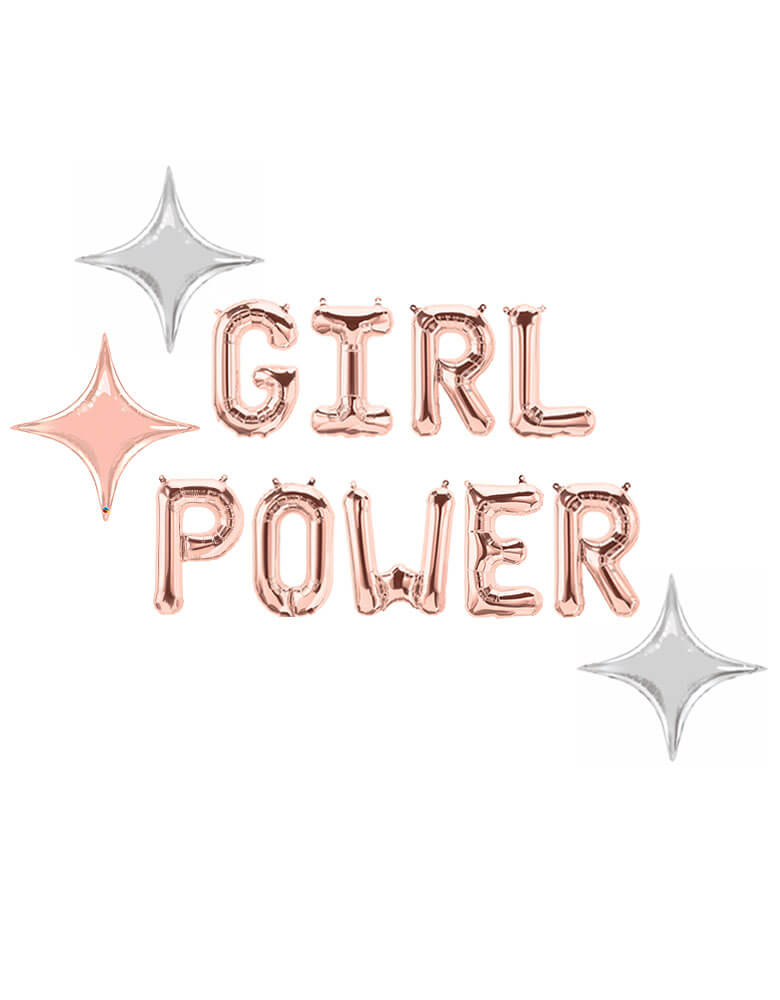 Rose Gold Girl Power Letter Mylar Balloons with Star-point balloons