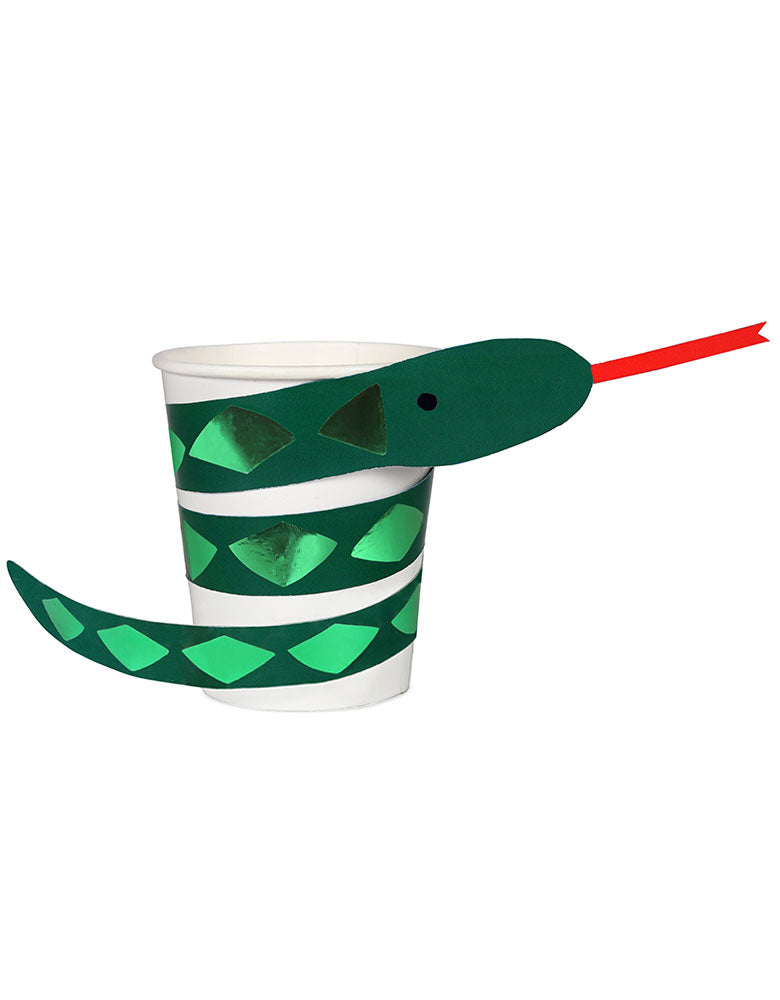 Meri Meri Snake paper Cups with green foil embellished sleeve
