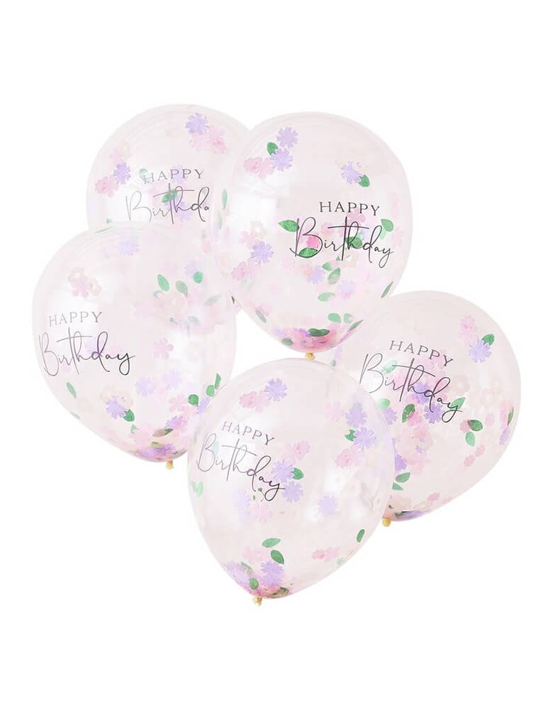 Ginger Ray Floral confetti balloons set of 5 with clear confetti balloons filled with colorful confetti to add a splash of color, with Happy Birthday message on the balloons they are great for a girly birthday party or a floral themed birthday celebration  