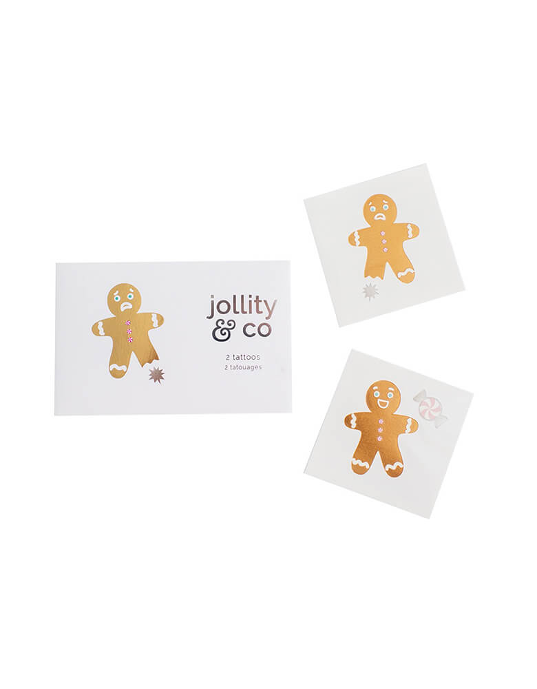 Momo Party's Gingerbread man temporary tattoos, set of 2 by Jollity & Co. in gold detail, makes them perfect Christmas stocking stuffers for kids this Holiday season!