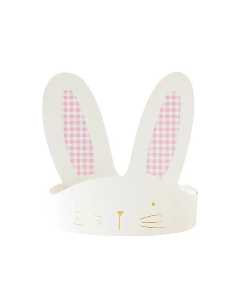 Momo Party's 7" gingham bunny crown by My Mind's Eye. Come in a set of 8 crowns in 4 colors, featuring cute gingham patterned ears and gold foil accents these bunny crowns are a whimsical alternative to party hats at your Easter egg hunt this year!