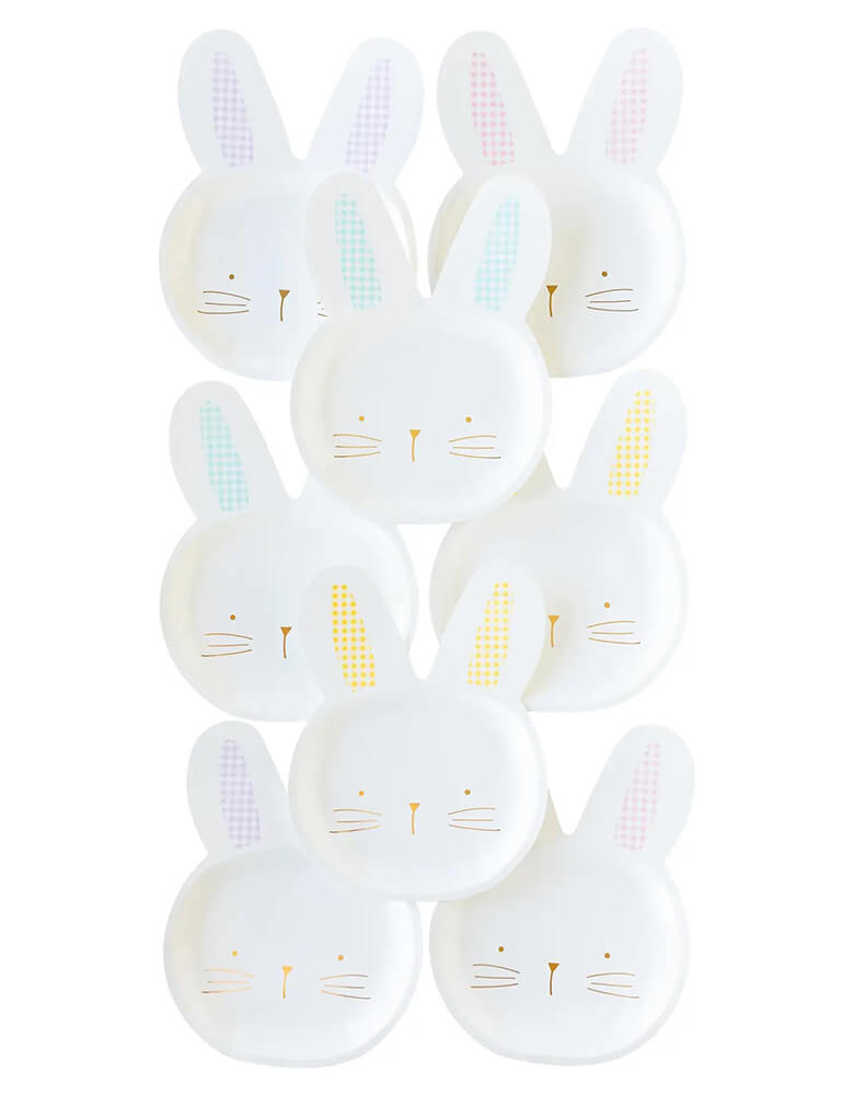 Momo Party's 9" X 12" gingham bunny head shaped large plates by My Mind's Eye. Come in a set of 8 plates in for colors, these plates with gold foil accents are perfect for your Easter celebration with kids.