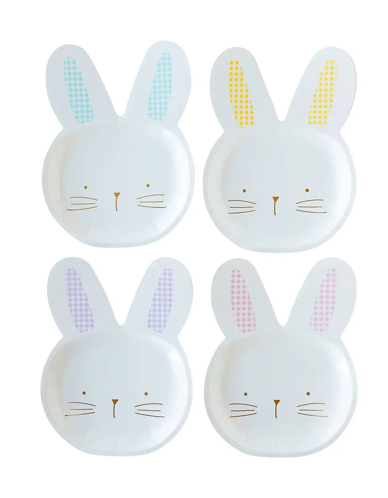 Momo Party's 9" X 12" gingham bunny head shaped large plates by My Mind's Eye. Come in a set of 8 plates in for colors, these plates with gold foil accents are perfect for your Easter celebration with kids.