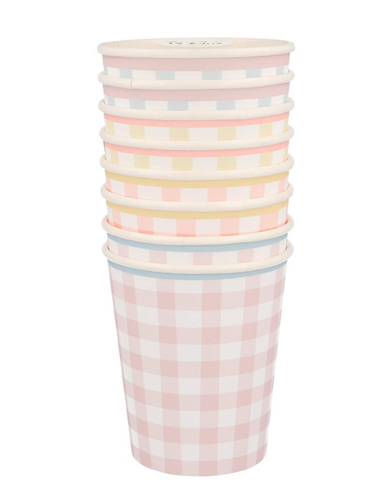 Meri Meri Gingham Cup. These cups feature a classic spring and summer Gingham print in blue, coral, pink and yellow design colors, with a delightful scalloped edge and a coordinating colored border. They are perfect for Tea parties, Easter party, Easter picnic, Spring party, and any birthday party for girls.