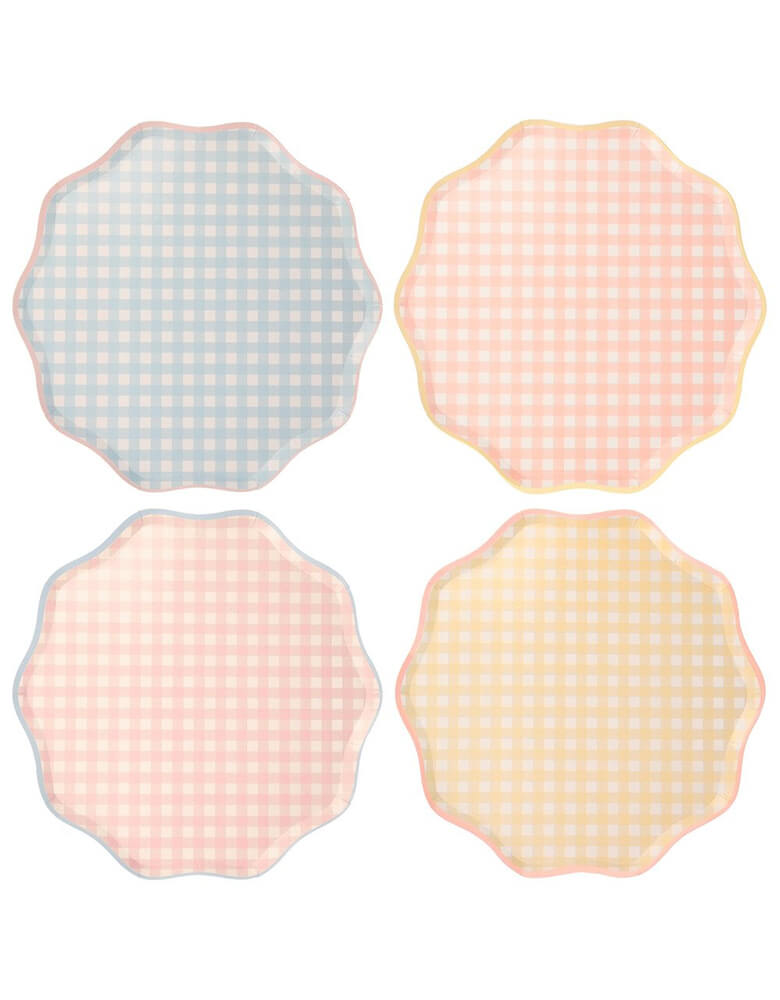 Meri Meri Gingham Dinner Plates. These plates feature a classic spring and summer Gingham print in blue, coral, pink and yellow design colors,  with a delightful scalloped edge and a coordinating colored border. They are perfect for Tea parties, Easter party, Easter picnic, Spring party, and any birthday party for girls.