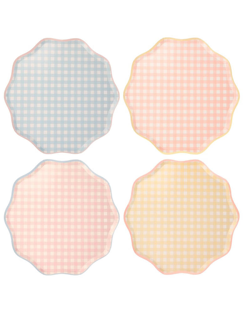 Meri Meri Gingham Dinner Plates. These plates feature a classic spring and summer Gingham print in blue, coral, pink and yellow design colors, with a delightful scalloped edge and a coordinating colored border. They are perfect for Tea parties, Easter party, Easter picnic, Spring party, and any birthday party for girls.
