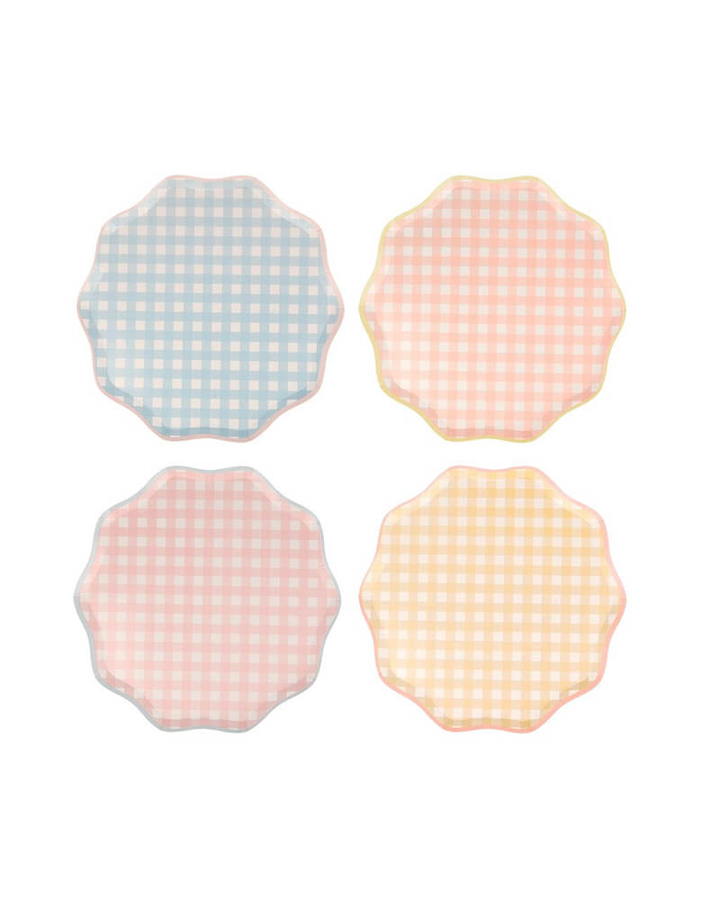 Meri Meri Gingham Side Plates. These plates feature a classic spring and summer Gingham print in blue, coral, pink and yellow design colors,  with a delightful scalloped edge and a coordinating colored border. They are perfect for Tea parties, Easter party, Easter picnic, Spring party, and any birthday party for girls.
