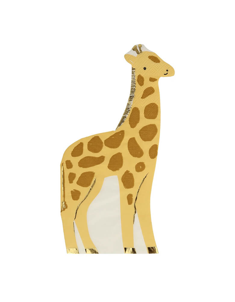Momo Party's 4.25 x 7.875 inches giraffe shaped napkins by Meri Meri, come in a set of 16 napkins, with an adorable illustration, they're perfect for kid's jungle or animal themed birthday party, including a "Wild One" first birthday party or a "Two Wild" second birthday party for a toddler.