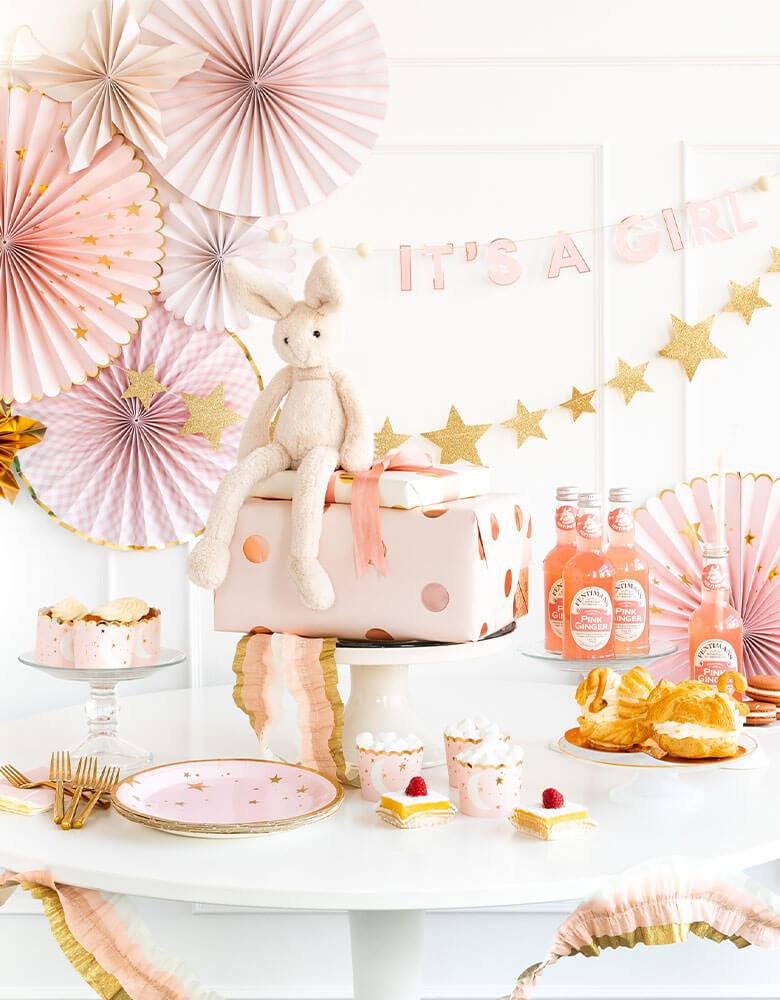A Baby Girl Shower Table featuring My Mind's Eye baby collection of tableware and decoration in baby pink and star designs