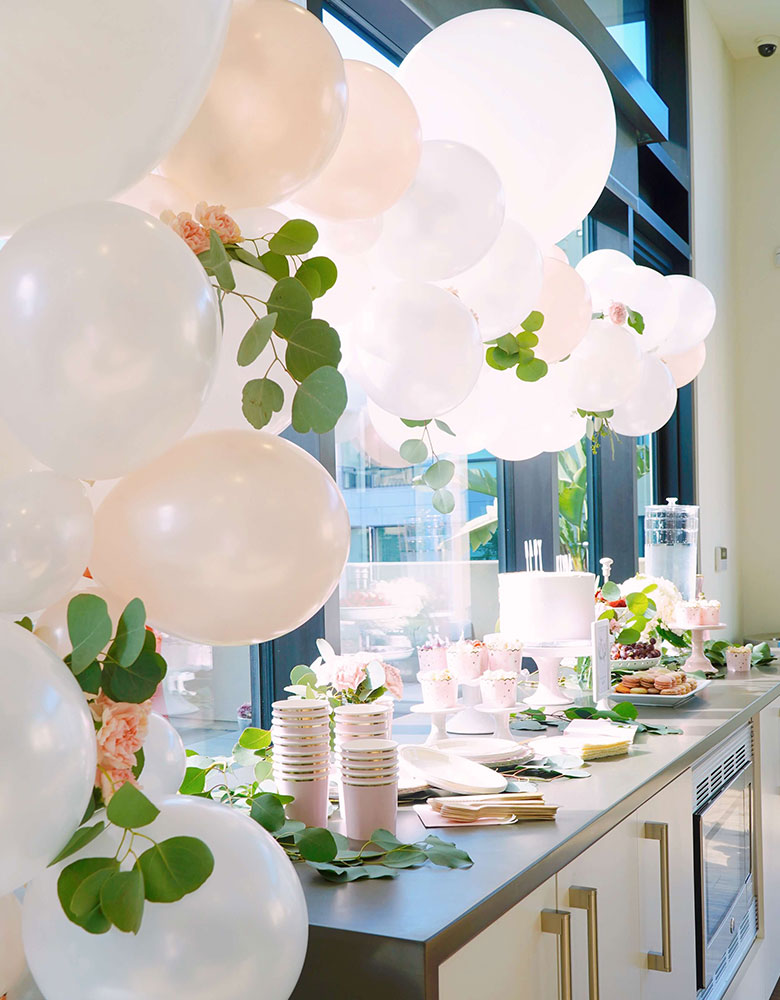 Modern Girl-Baby-Shower-Balloon Decoration with Jumbo round pearl white latex balloon by Qualatex, Jumbo Balloons,  with fresh flowers and leaves