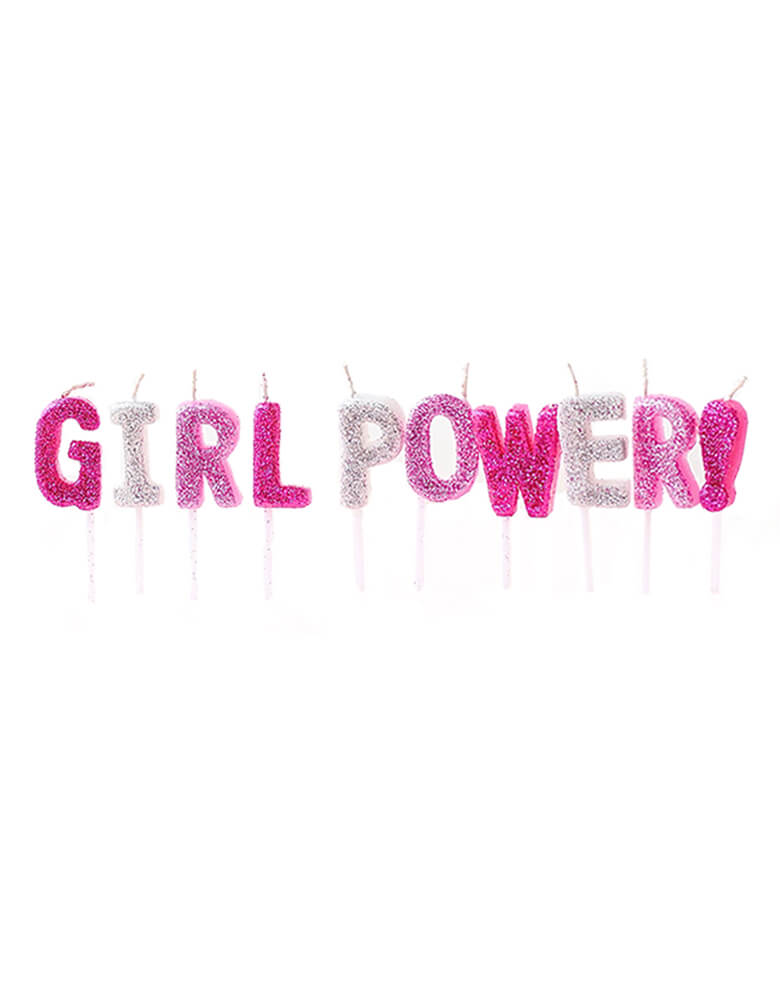 Party Partners - Girl Power Candle Set. Pink glitter candles Girl Power letter Candle Set with text "Girl Power!"
