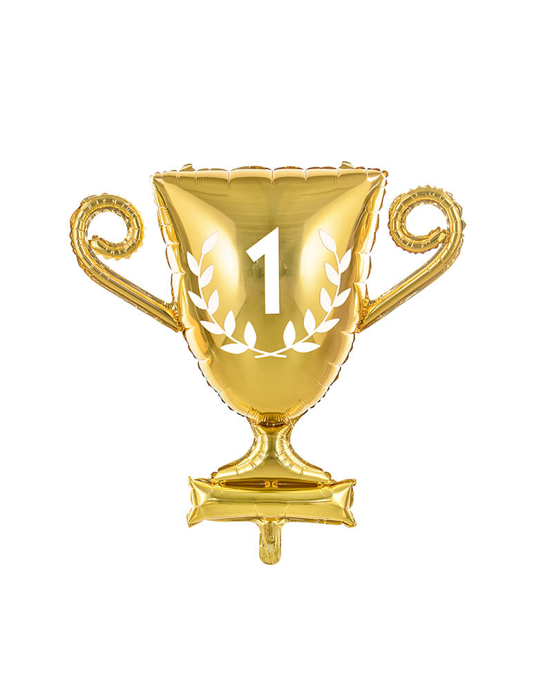 Party Deco's 28" gold cup trophy shaped foil balloon in glossy material with number 1 on it, a perfect party balloon for a kid's race car themed birthday party or sport themed celebration