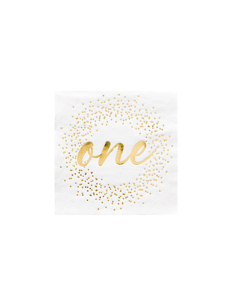 Jollity 5-inch onederland gold small napkin with gold script "one" on it and gold foil confetti illustration around it, it's gender neutral and perfect for baby's WILD ONE themed first birthday party celebration!