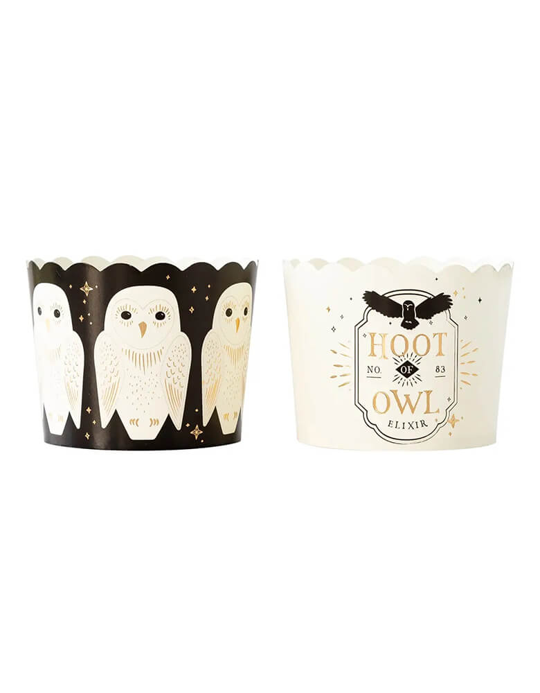 My Mind's Eye gold owl food cups featuring white owls with gold and black accents, perfect for a wizards and witches themed Halloween party or a Harry Potter themed birthday party.