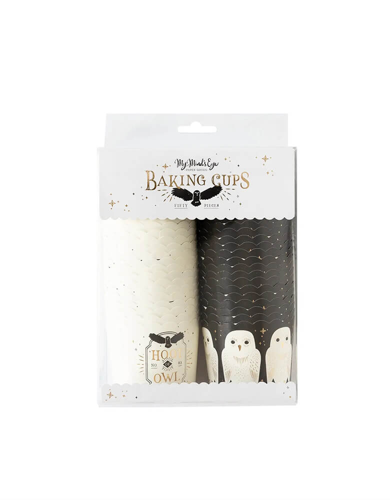 My Mind's Eye gold owl food cups featuring white owls with gold and black accents, perfect for a wizards and witches themed Halloween party or a Harry Potter themed birthday party.