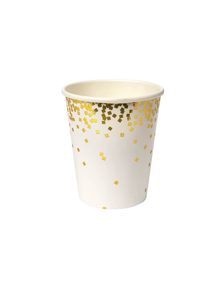 Meri Meri Gold Square Confetti Party Cups, Featuring square confetti shaped pattern in the gold foil print on a white paper cup. New Year's Eve, a birthday party or a graduation party - every occasion could do with a little bit more gold! That's why these gorgeous cups are covered in an elegant confetti pattern embellished with shiny gold foil - perfect for a stunning celebration.