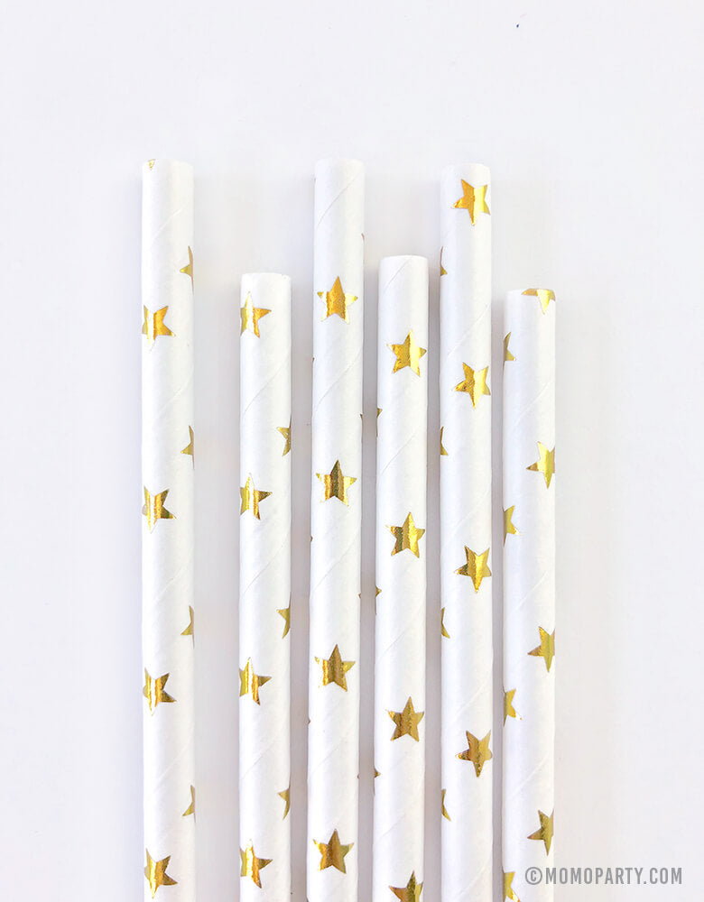 Eco-friendly Paper Party Straws in shiny stars gold foil