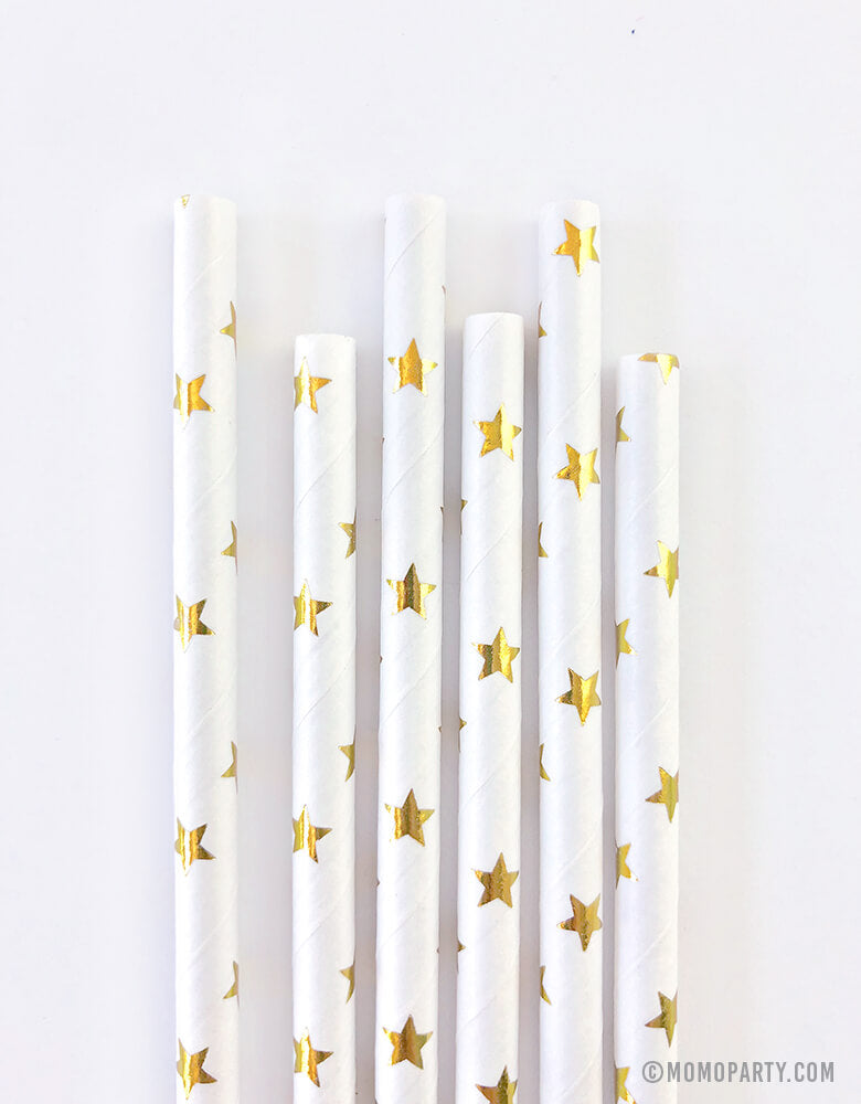 Eco-friendly Paper Party Straws in shiny stars gold foil