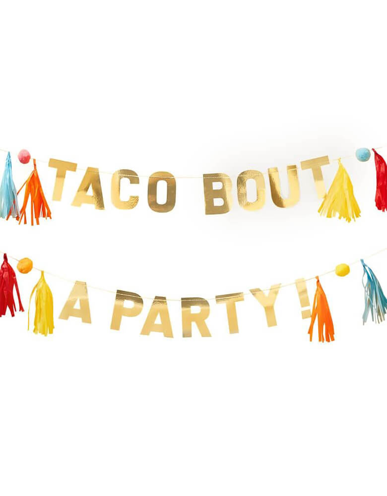 Ginger Ray - Gold Taco Party Pom Pom And Tassel Party Banner. Featuring colorful pompom and tassel around "taco bout a party!" in a gold letter banner. This shiny gold 'Taco Bout A Party' backdrop will bring a fun touch to fiesta celebrations! Get your guests talking with this gold Taco Bout A party banner! 