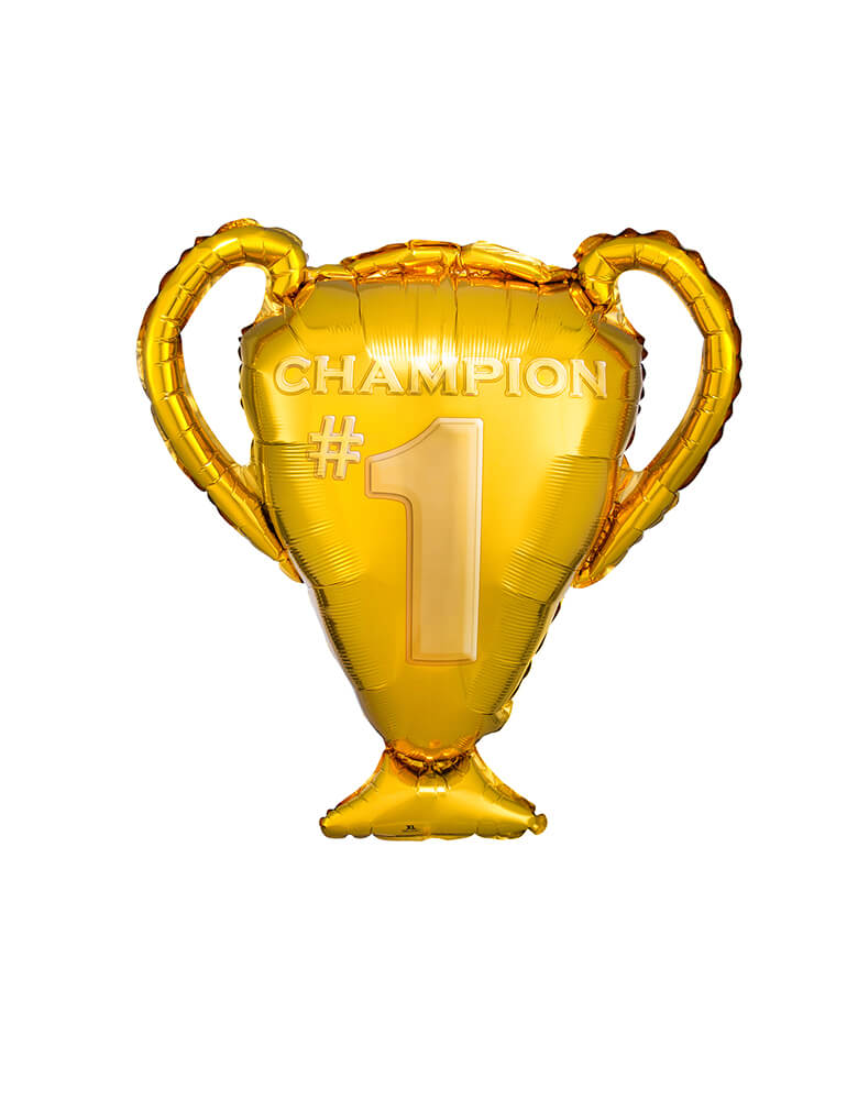 Anagram Balloon - 35393 Super Shape Gold Trophy Foil Mylar Balloon. This 28" Super shaped balloon featuring a Gold trophy shape with "#1 Champion" design on it. Race to the final line with this awesome champion gold trophy foil balloon