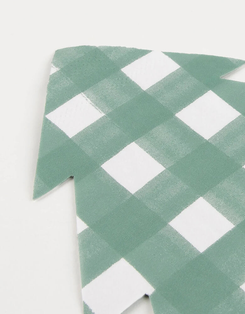 The classic gingham print in a tree shape. This green checkered napkin goes well with many party themes. Set your Christmas or holiday party table with these forest green and white tree shapes napkins. They also go well for adventure and camping themes, forest and woodland themes, baby showers, and other celebrations. These merimeri napkins are made of eco-friendly paper, and each pack contains 16 napkins of size 4.625 x 6.5  inches