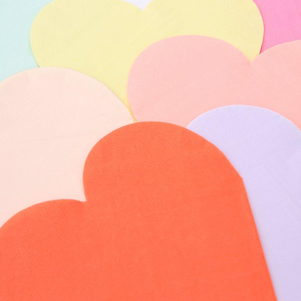 Momo Party's 6.5" heart shaped large napkins by Meri Meri, a set of 20 napkins in 8 rainbow colors of red, blue, pink, rose, blush, lilac, mint and yellow. Get the color of the rainbow at your table with these gorgeous bright and beautiful large heart napkins. Perfect for Valentine's Day or any romantic celebration.