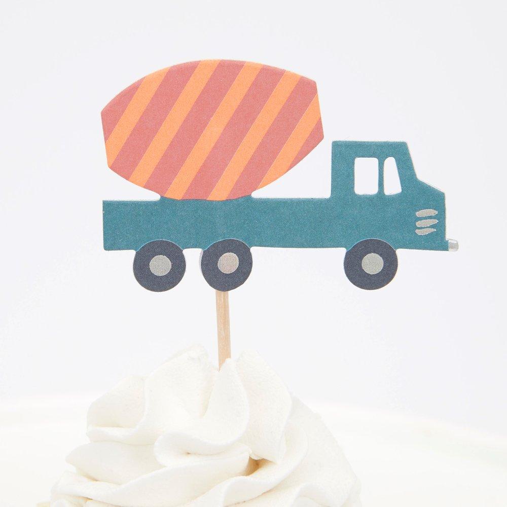 Cupcakes with green and coral cement truck cupcake topper from Meri Meri Construction Cupcake kit.