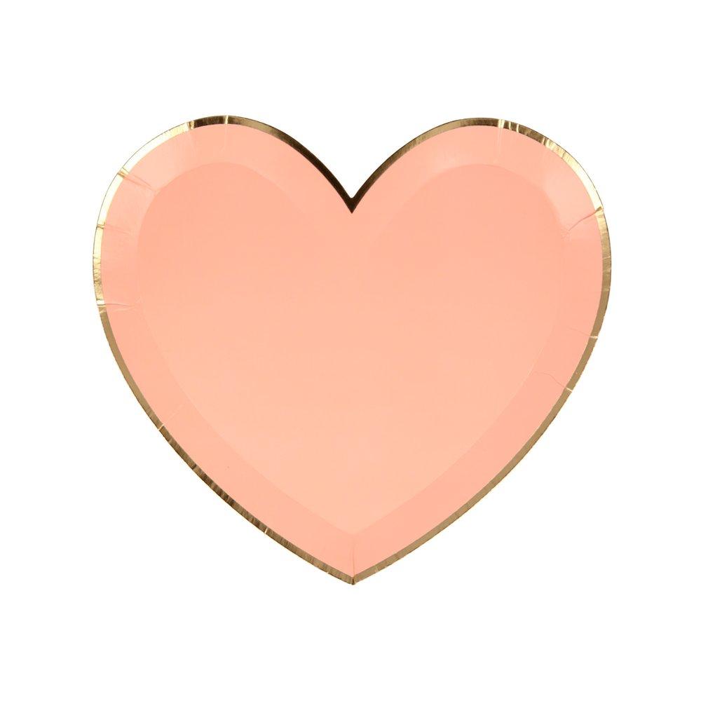 Meri Meri pink tone small die cut heart shaped party plate in peach color with gold foil detail on the edge, perfect for a Valentine's Day or Galentine's Day celebration, wedding, bridal shower, engagement party or any girly themed birthday party.