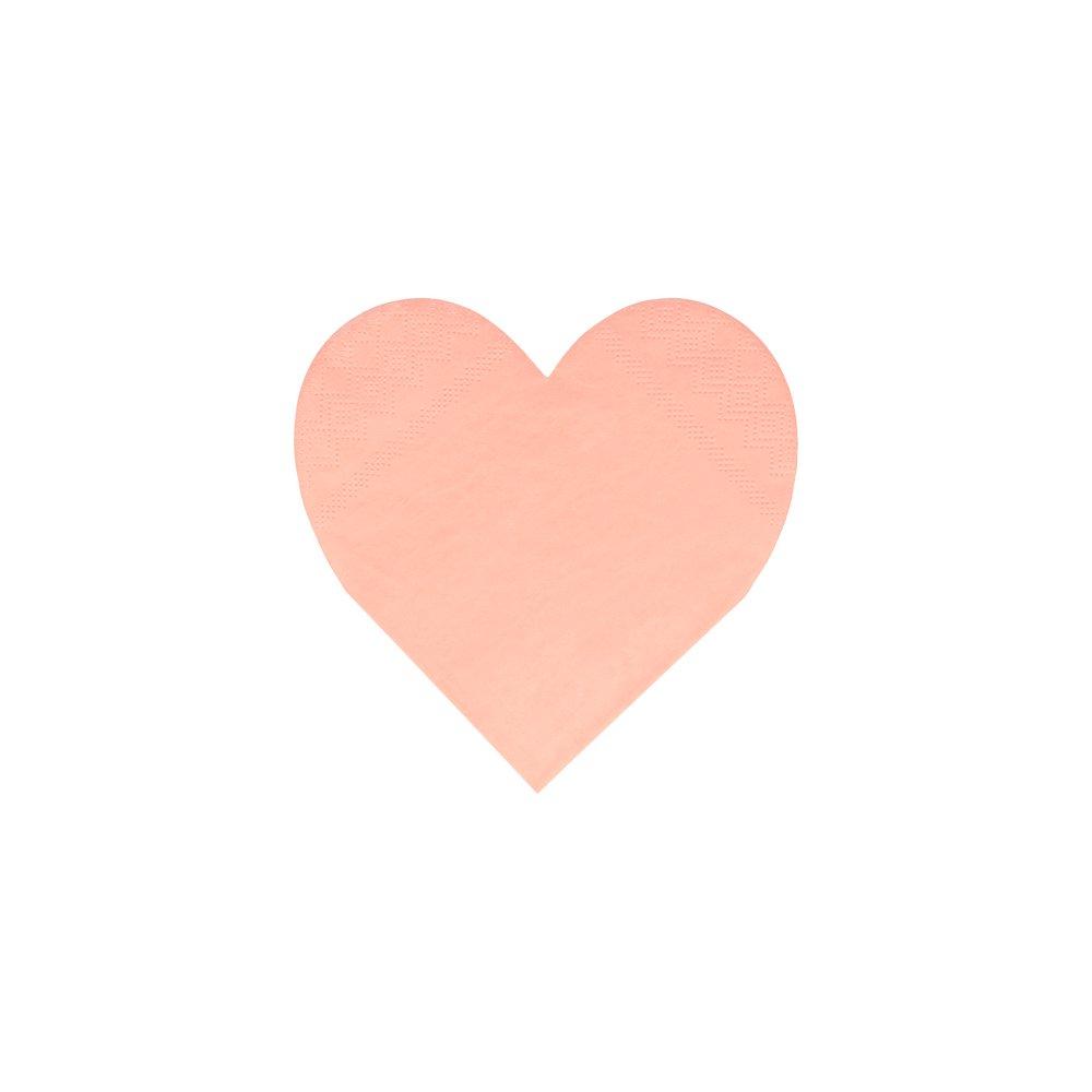 A close up of the peach napkin from Meri Meri pink tone small die cut heart shaped napkin set in 4 shades of pink including coral, pink, peach and blush, perfect for a Valentine's Day or Galentine's Day celebration, wedding, bridal shower, engagement party or any girly themed birthday party.