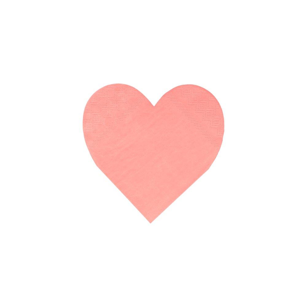 A close up of the coral napkin from Meri Meri pink tone small die cut heart shaped napkin set in 4 shades of pink including coral, pink, peach and blush, perfect for a Valentine's Day or Galentine's Day celebration, wedding, bridal shower, engagement party or any girly themed birthday party.