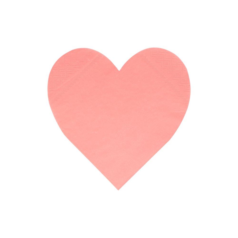 A close up of the coral napkin from Meri Meri pink tone large die cut heart shaped napkin set in 4 shades of pink including coral, pink, peach and blush, perfect for a Valentine's Day or Galentine's Day celebration, wedding, bridal shower, engagement party or any girly themed birthday party.
