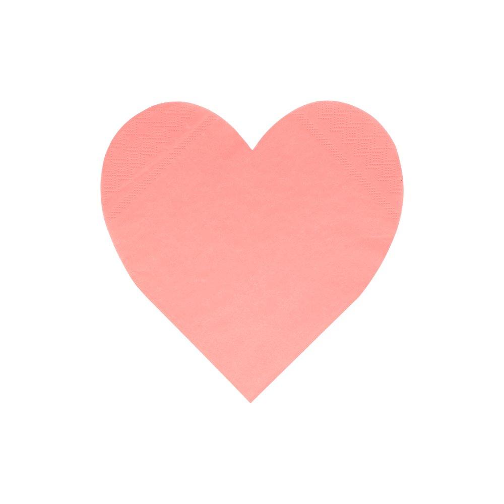 A close up of the coral napkin from Meri Meri pink tone large die cut heart shaped napkin set in 4 shades of pink including coral, pink, peach and blush, perfect for a Valentine's Day or Galentine's Day celebration, wedding, bridal shower, engagement party or any girly themed birthday party.