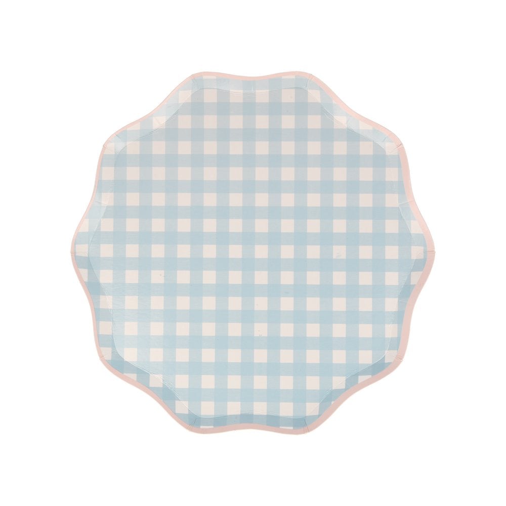 Meri Meri Gingham Side Plates. These plates feature a classic spring and summer Gingham print in blue design colors, with a delightful scalloped pastel pink edge and a coordinating colored border. They are perfect for Tea parties, Easter party, Easter picnic, Spring party, and any birthday party for girls.