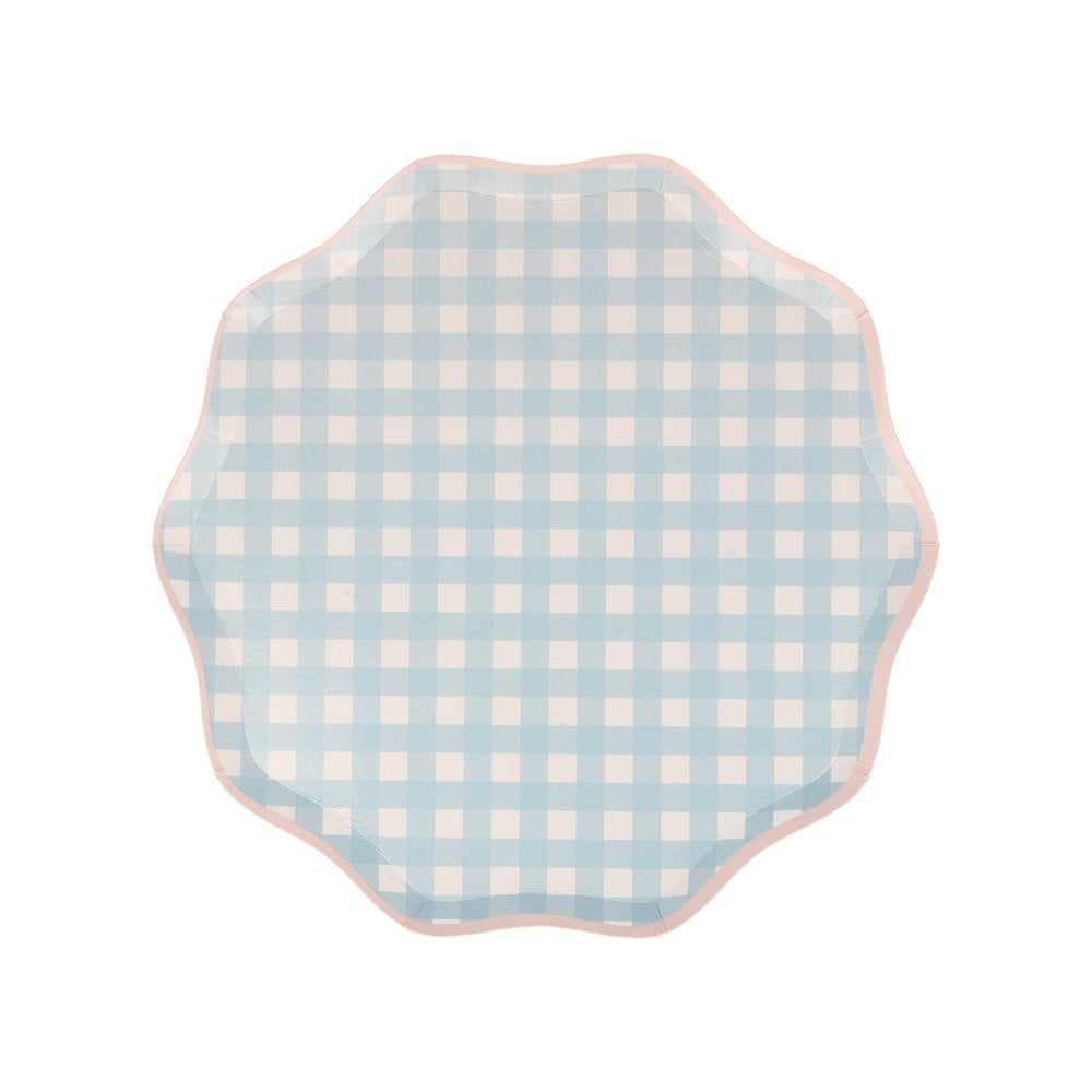Meri Meri Gingham Dinner Plates. These plates feature a classic spring and summer Gingham print in blue design colors, with a delightful scalloped pastel pink edge and a coordinating colored border. They are perfect for Tea parties, Easter party, Easter picnic, Spring party, and any birthday party for girls.