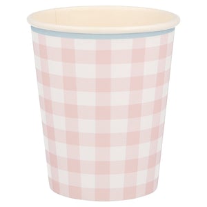 Meri Meri Gingham Cups. These cups feature a classic spring and summer Gingham print in Coral design colors, with a delightful scalloped pastel blue edge and a coordinating colored border. They are perfect for Tea parties, Easter party, Easter picnic, Spring party, and any birthday party for girls