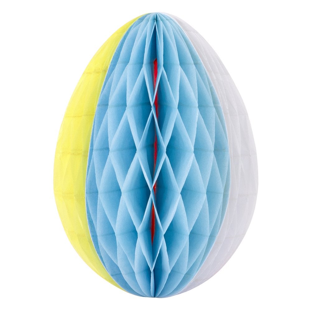 Meri Meri - Easter Honeycomb Decorations. Close up look of striped egg in yellow, blue and white color, with amazing paper tissue honeycomb details. This uniqle high quality easter decoration is perfect for your easter party table, spring party, farm themed party, easter basket decorations, home decoration for easter.