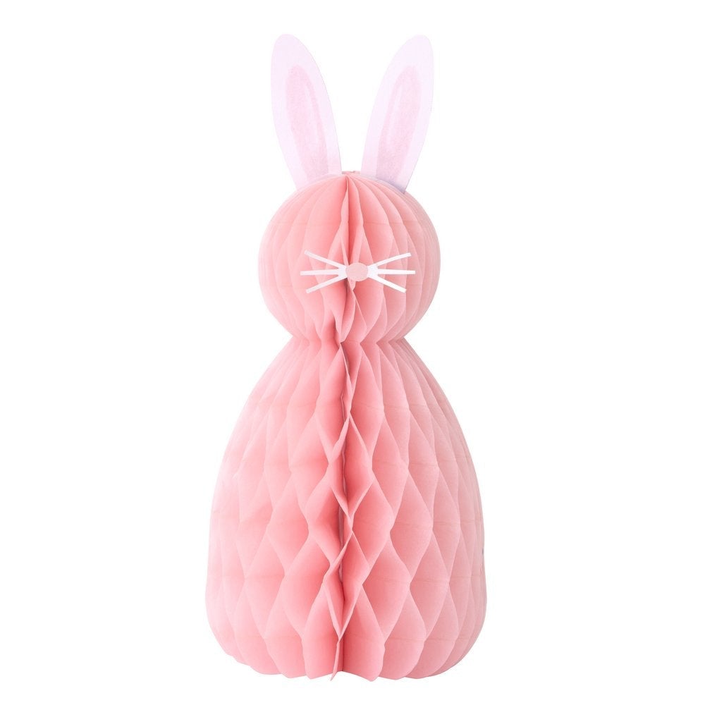 Meri Meri - Easter Honeycomb Decorations. Close up look of a pink bunny with amazing paper tissue honeycomb details, white paper ears, nose and whisker stickers. This high quality easter decoration is perfect for your easter party table, spring party, farm themed party, easter basket decorations, home decoration for easter.