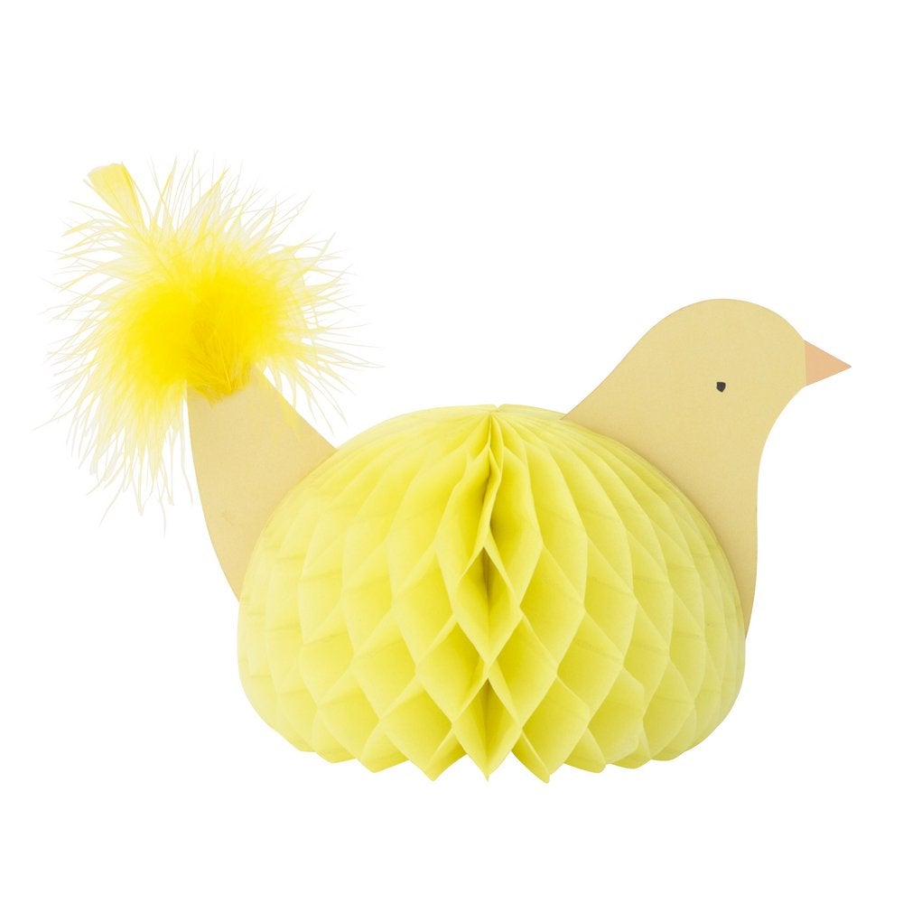 Meri Meri - Easter Honeycomb Decorations. Close up look of A chick adorned with amazing paper tissue honeycomb details and a fluffy tail feathers. This high quality easter decoration is perfect for your easter party table, spring party, farm themed party, easter basket decorations, home decoration for easter.
