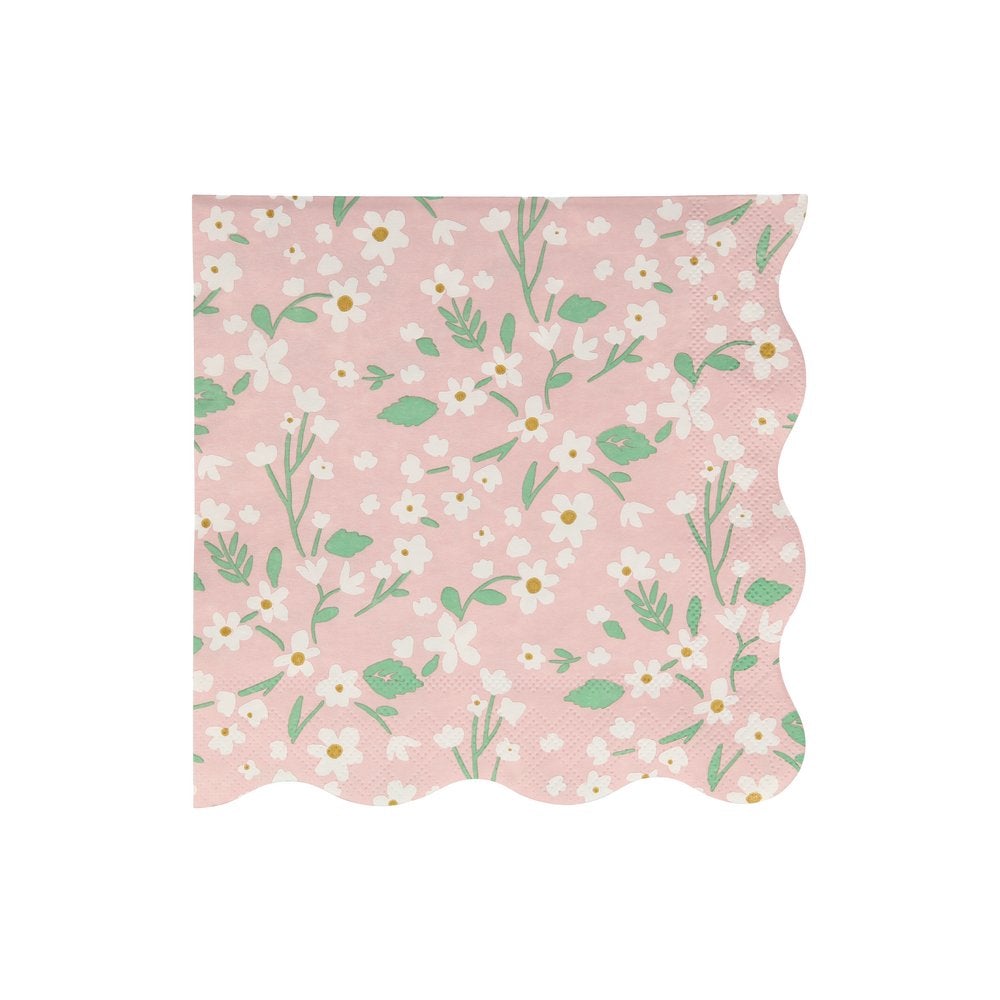 Meri Meri Ditsy Floral Large Napkins. Feature a fabulous floral pattern with a stylish scalloped edge in pink color. They are crafted from 3-ply paper, so are practical as well as decorative, Made from eco-friendly paper.